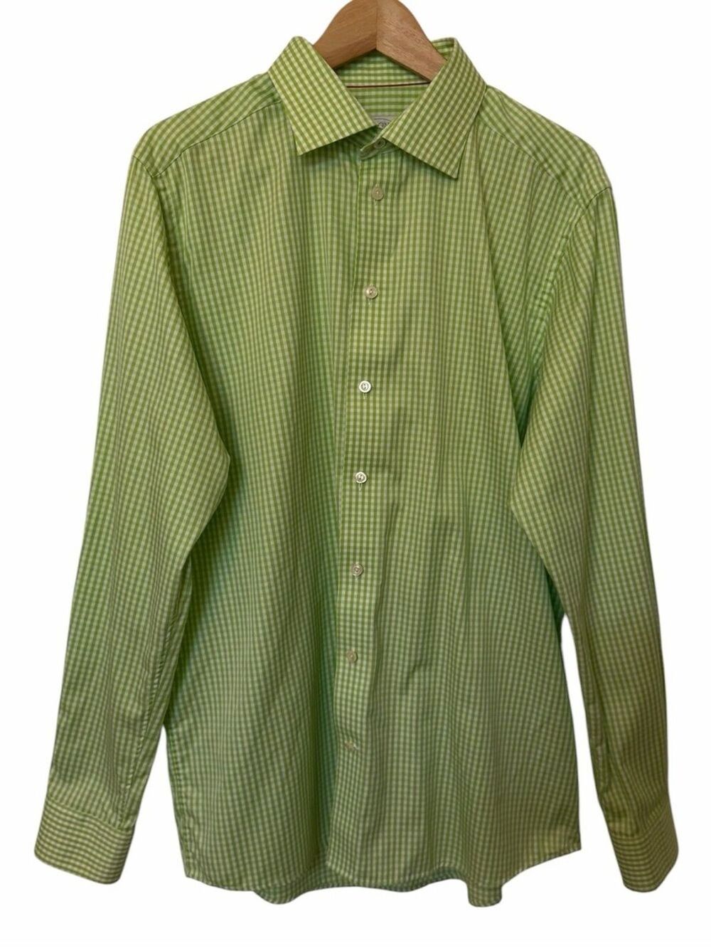 Eton Contemporary Mens 17.5 44 Green Gingham Check Button Long Slv Cotton Shirt